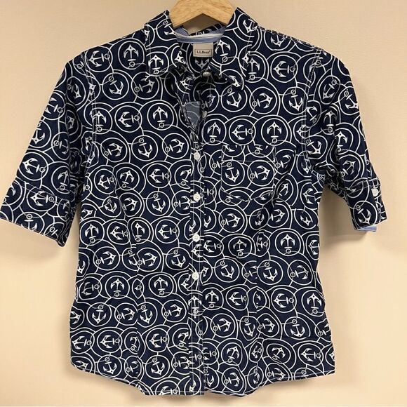 LL Bean nautical print boys short sleeve button down S - Picture 2 of 7